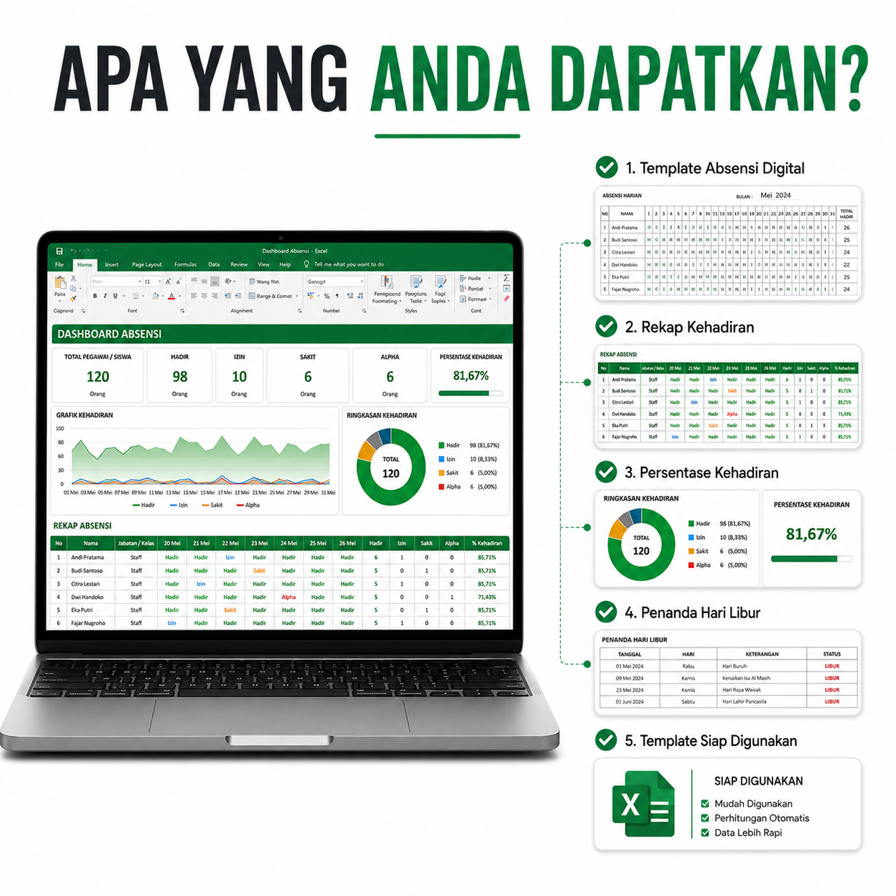 Template Excel Absensi Digital Otomatis | Rekap Kehadiran Karyawan Guru & Siswa | Dashboard Absensi Siap Pakai