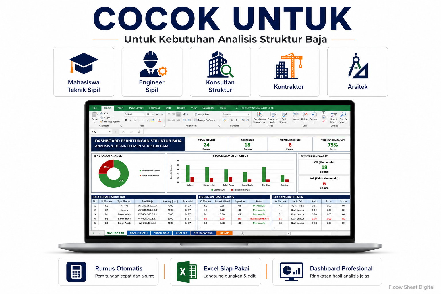 Template Excel Perhitungan Struktur Baja Otomatis | Sesuai SNI & Dashboard Analisis Profesional