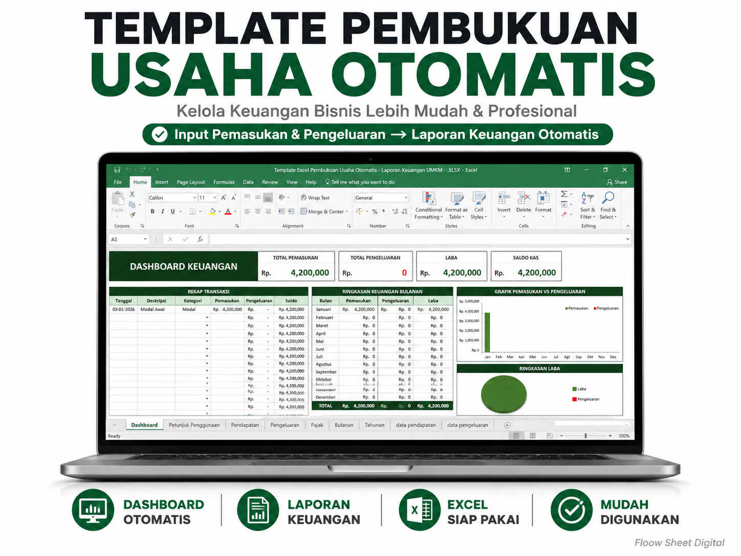 Template Excel Pembukuan Usaha Otomatis | Laporan Keuangan UMKM, Pemasukan & Pengeluaran Bulanan
