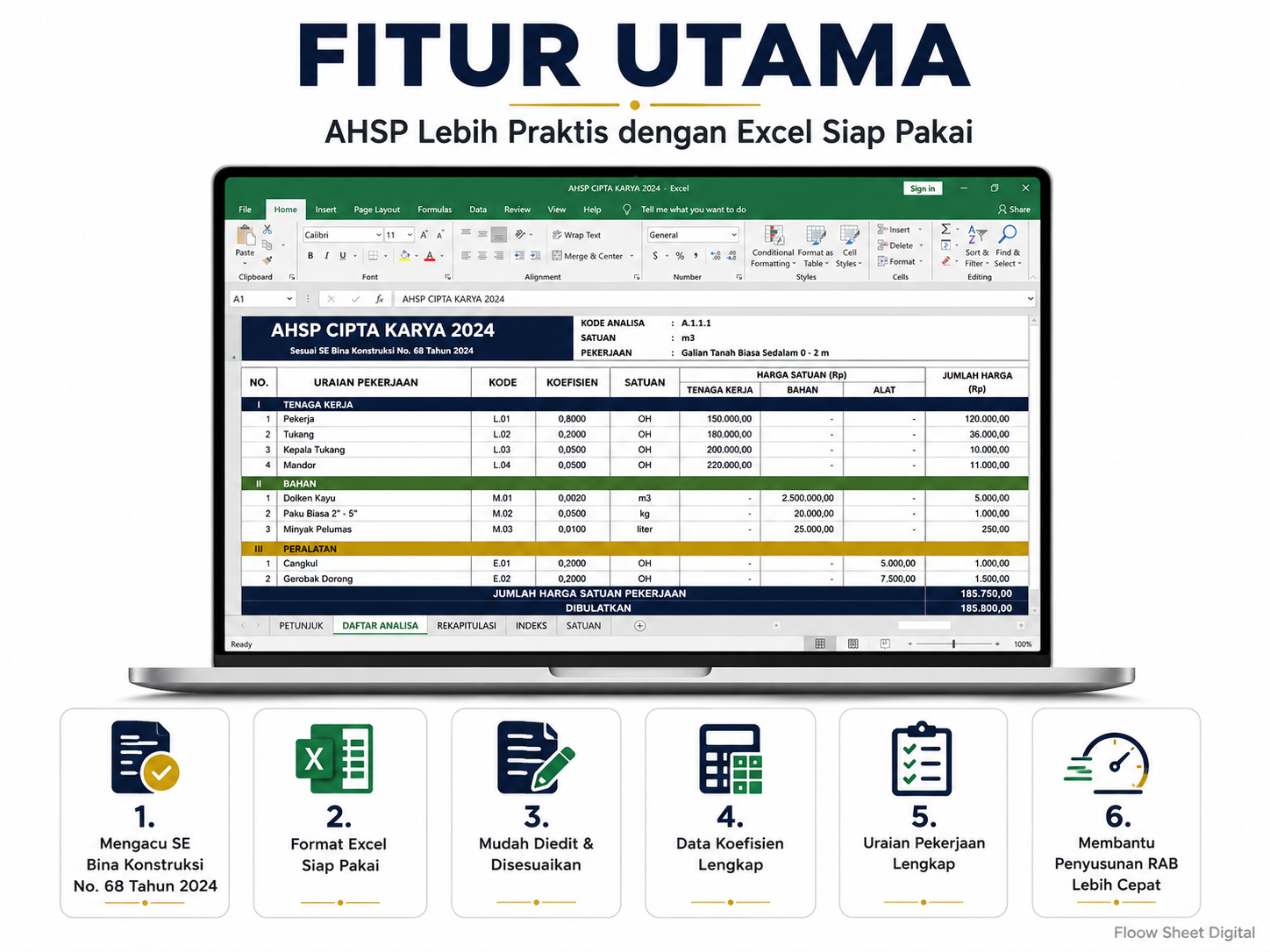 Template Excel AHSP Cipta Karya 2024 | Analisis Harga Satuan Pekerjaan Sesuai SE Bina Konstruksi No. 68 Tahun 2024