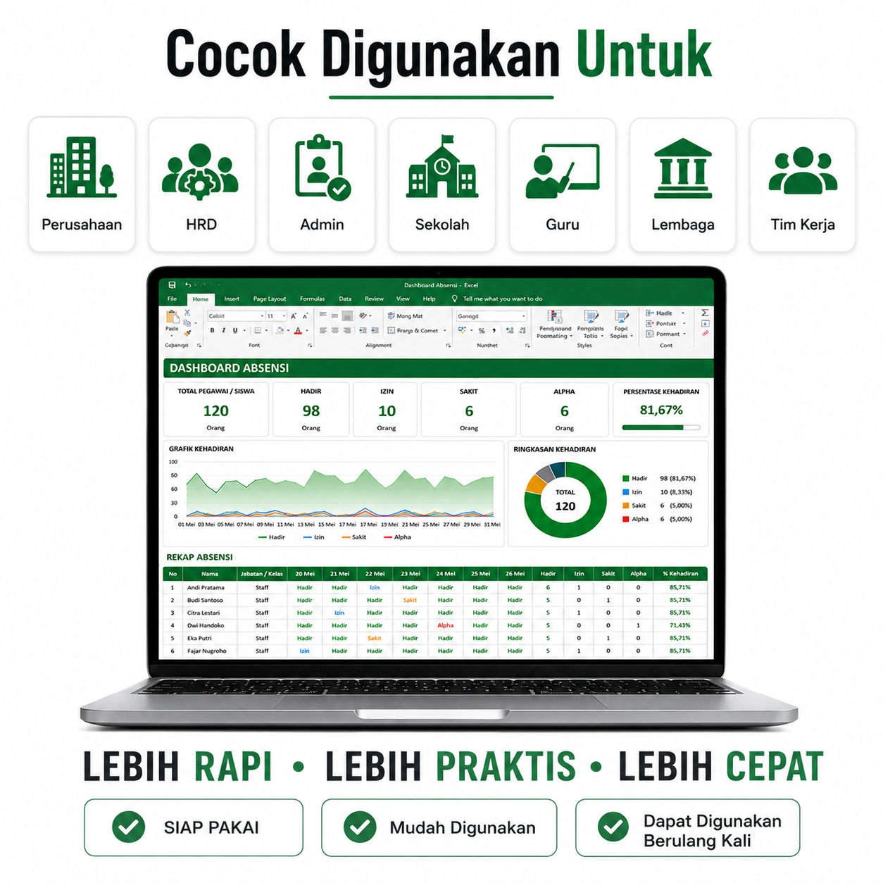 Template Excel Absensi Digital Otomatis | Rekap Kehadiran Karyawan Guru & Siswa | Dashboard Absensi Siap Pakai