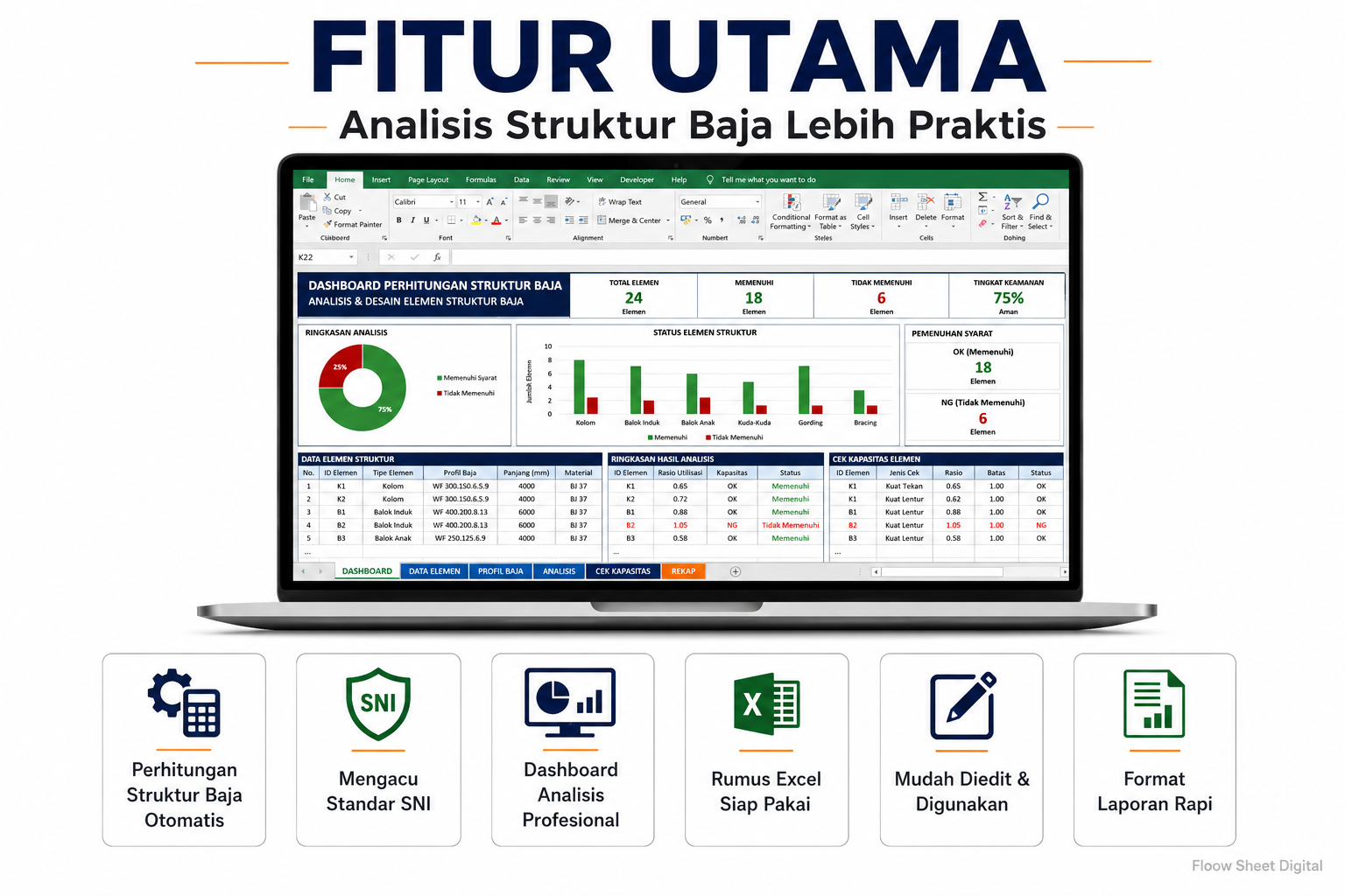 Template Excel Perhitungan Struktur Baja Otomatis | Sesuai SNI & Dashboard Analisis Profesional