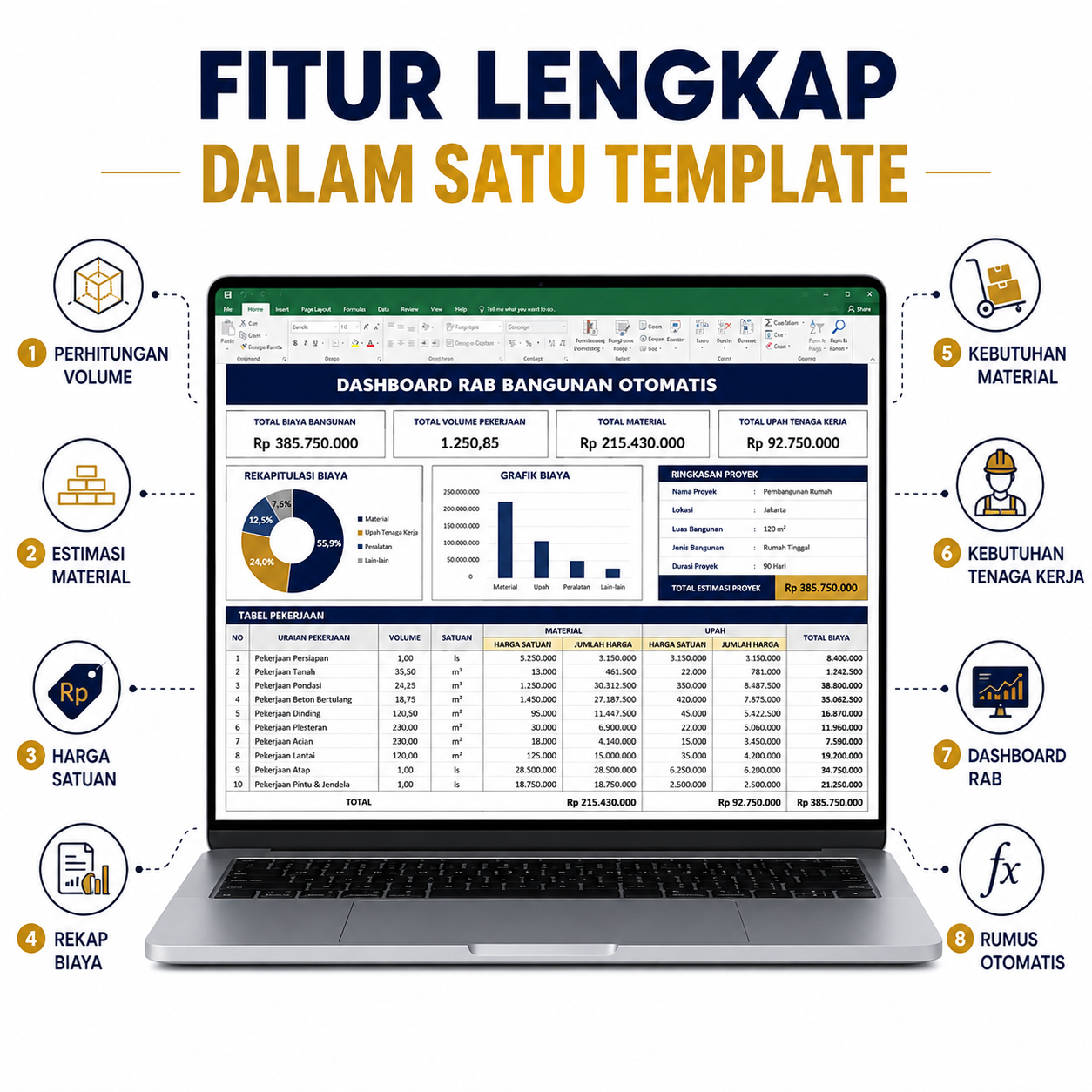 Template RAB Bangunan Otomatis Excel | Hitung Biaya Bangun Rumah, Volume & Estimasi Material | RAB Siap Pakai