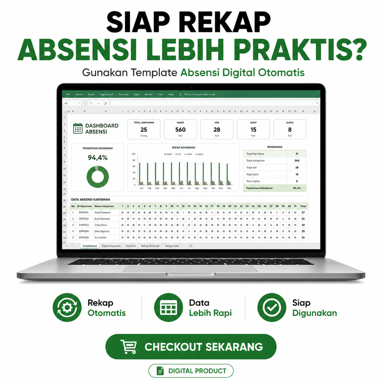 Template Excel Absensi Digital Otomatis | Rekap Kehadiran Karyawan Guru & Siswa | Dashboard Absensi Siap Pakai
