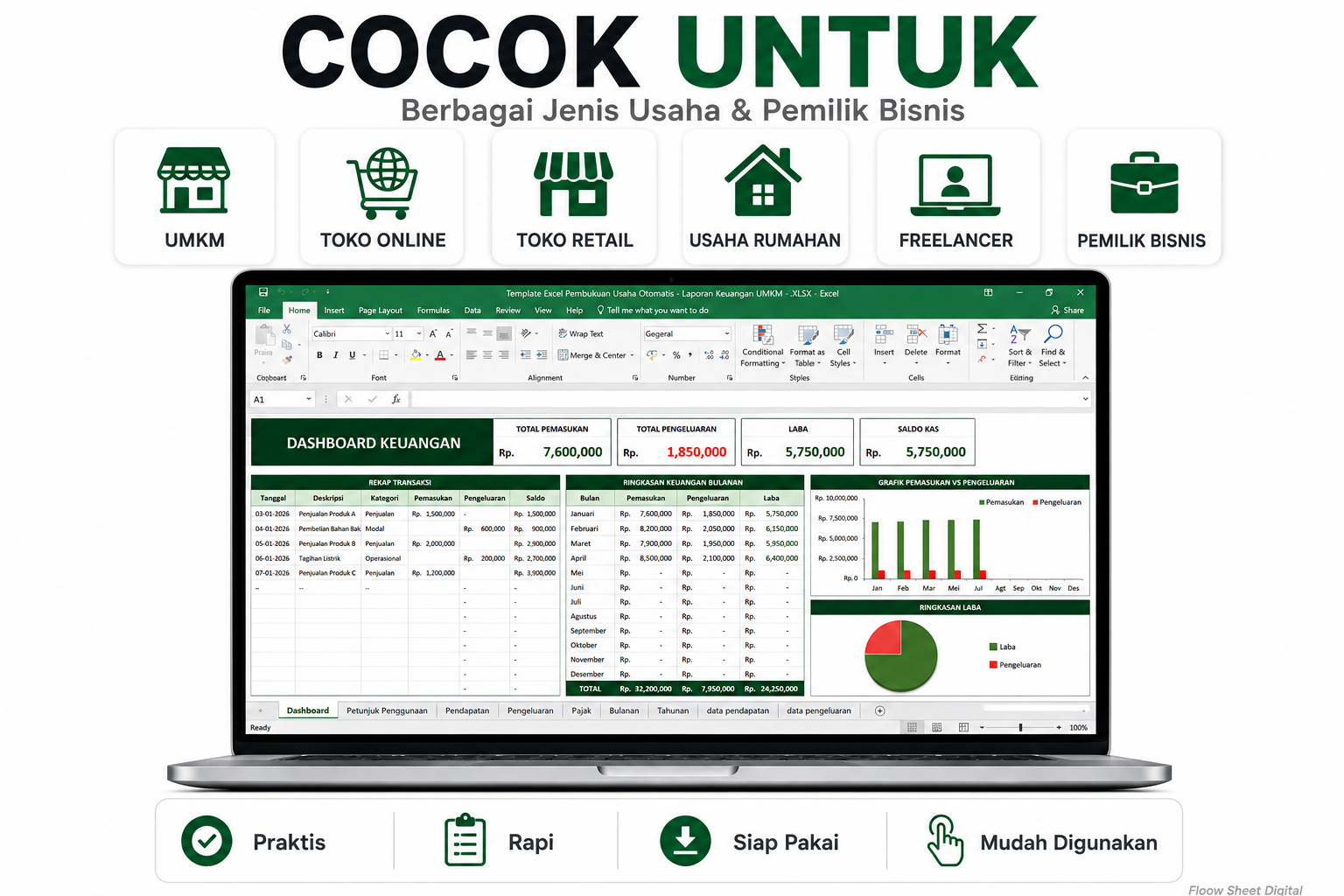 Template Excel Pembukuan Usaha Otomatis | Laporan Keuangan UMKM, Pemasukan & Pengeluaran Bulanan